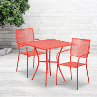Flash Furniture CO-28SQ-02CHR2-RED-GG 28" Square Table Set with 2 Square Back Chairs in Coral